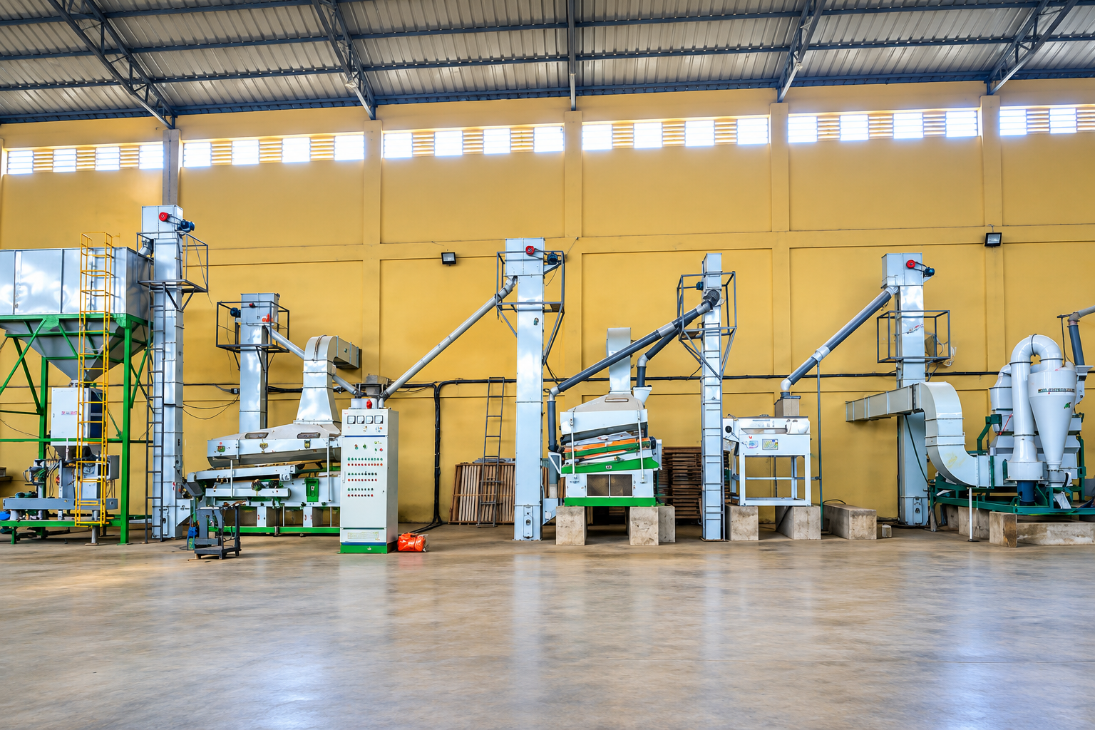 Wide view of the grain cleaning hall with separators, de-stoners and bucket elevators